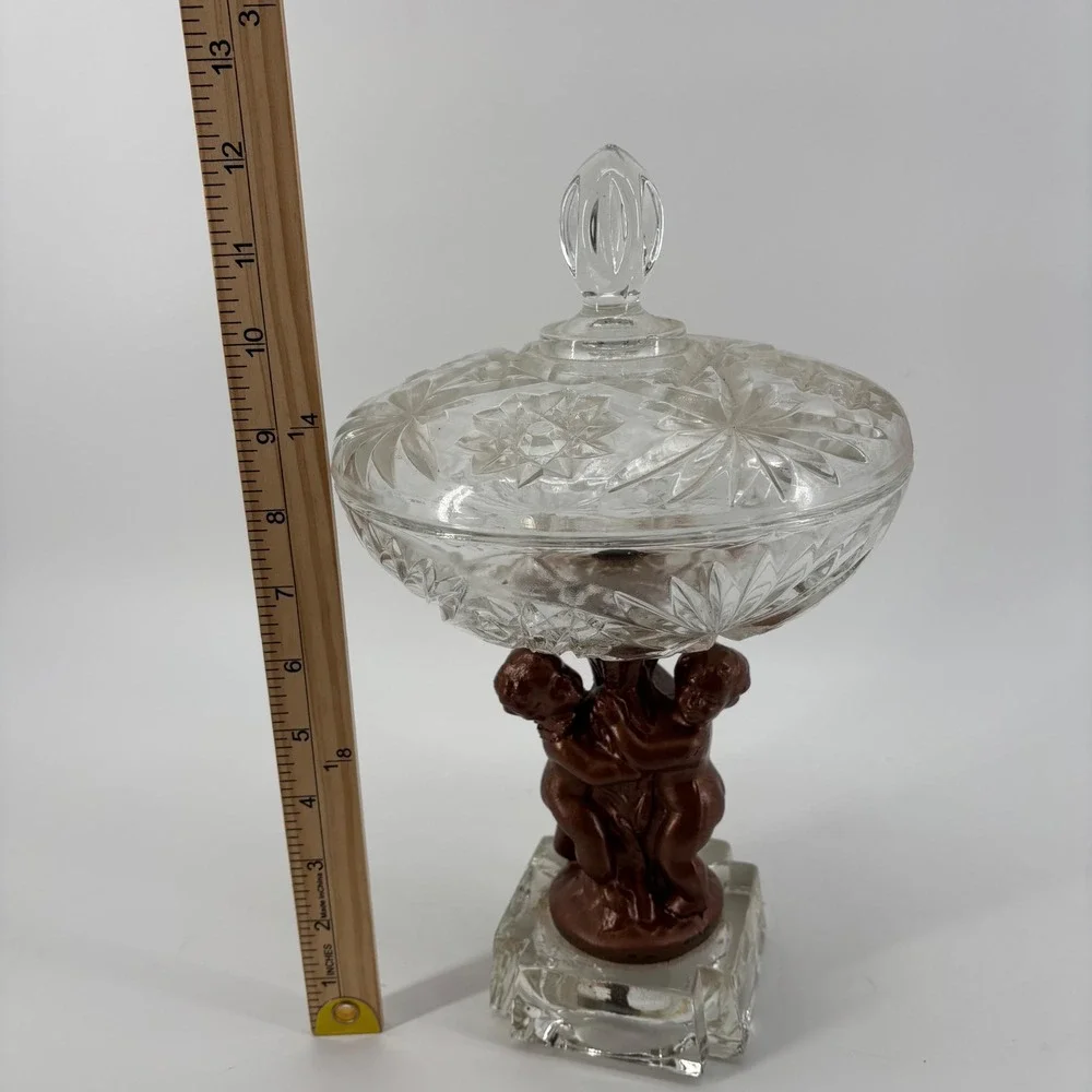 Candy Dish Medium Clear Bronze Cherub Putti Crystal‎ Glass Mythological Regency
